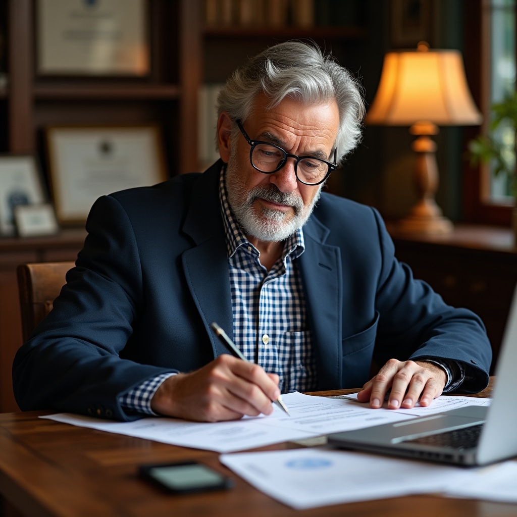 Experienced business owner reviewing documents at their desk with a laptop open