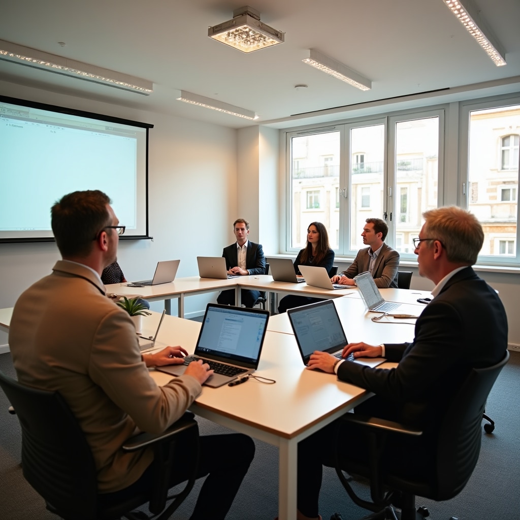 Training room in Lisbon with participants working on laptops